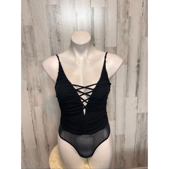 Windsor Black Lace Up Bodysuit Women’s M – Sheer Mesh Back, Ruched Front, Sexy N - Picture 2 of 8